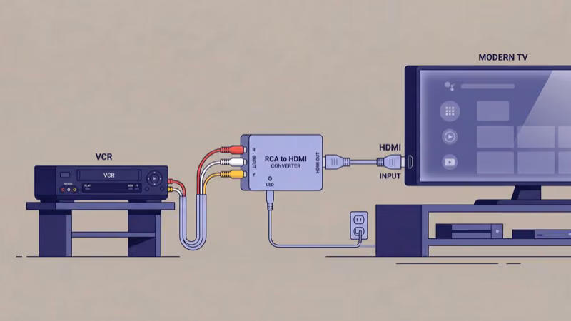 VCR connected to modern TV using RCA to HDMI converter box