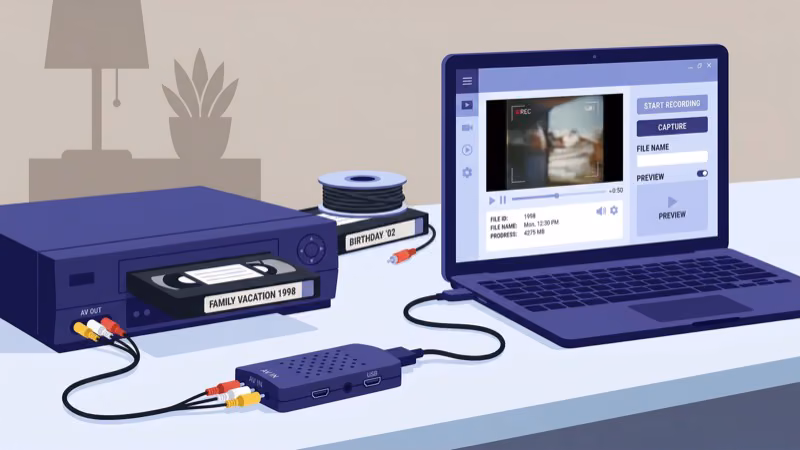 Digitizing VHS tapes with USB capture card connected to laptop