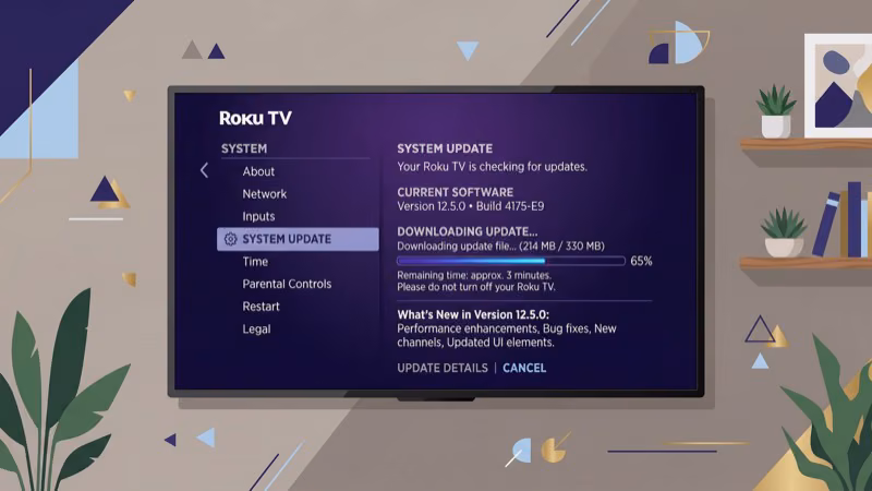 Westinghouse Roku TV settings menu showing system update check now option