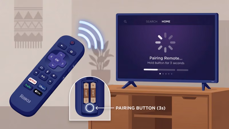 Westinghouse Roku TV pairing button location with remote held nearby for syncing