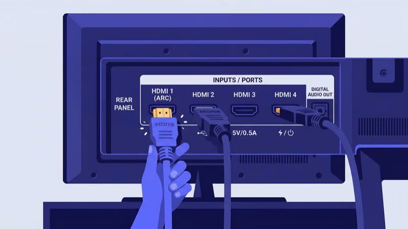 HDMI cable connectors being reseated into Westinghouse TV ports to fix horizontal lines