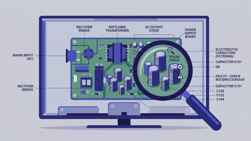 Westinghouse TV power supply board with multimeter testing voltage output terminals