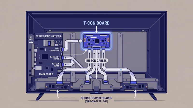 T-Con board location inside Westinghouse TV with ribbon cable connectors visible