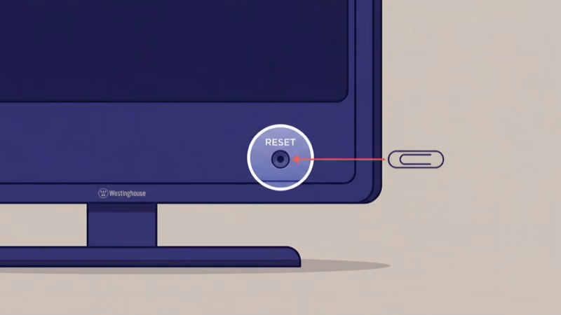 Physical reset button pinhole location on Westinghouse TV bottom edge