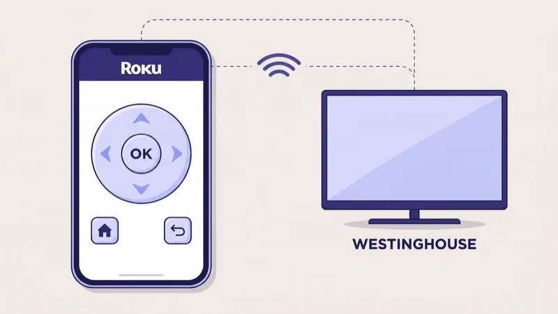 Smartphone showing the Roku TV Remote app with directional pad and media controls for a Westinghouse TV