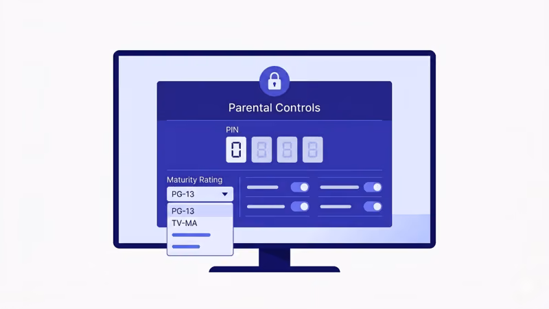 Smart TV parental control settings screen with PIN and maturity rating options