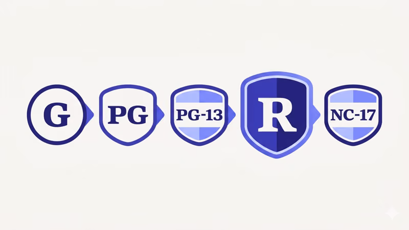 MPAA movie rating scale showing G PG PG-13 R and NC-17 badges