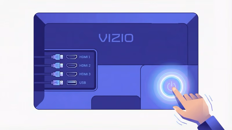 Back panel of Vizio TV showing power button location below HDMI ports