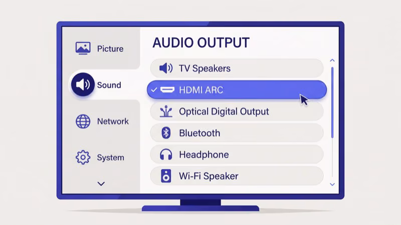 Xfinity settings menu showing audio output mode options for HDMI and digital