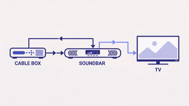 Diagram showing correct HDMI ARC routing from Xfinity box through TV to soundbar