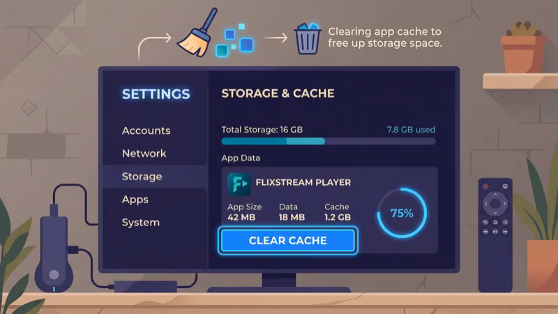Device settings screen showing app cache clear process steps