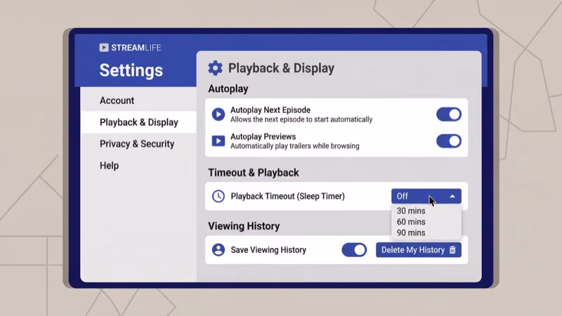 Streaming app settings showing autoplay and sleep timer options