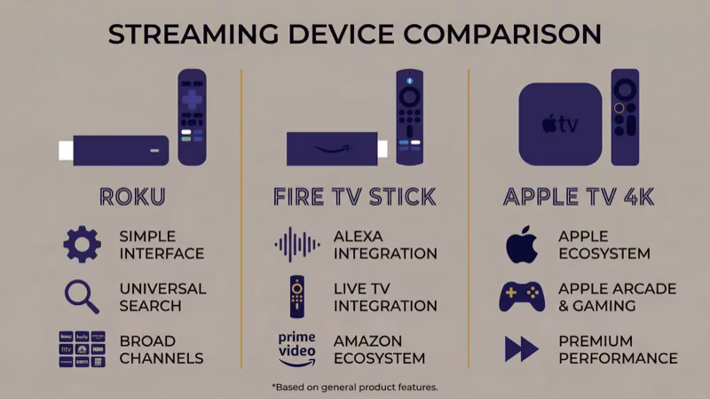 Roku Fire TV and Apple TV streaming devices compared side by side