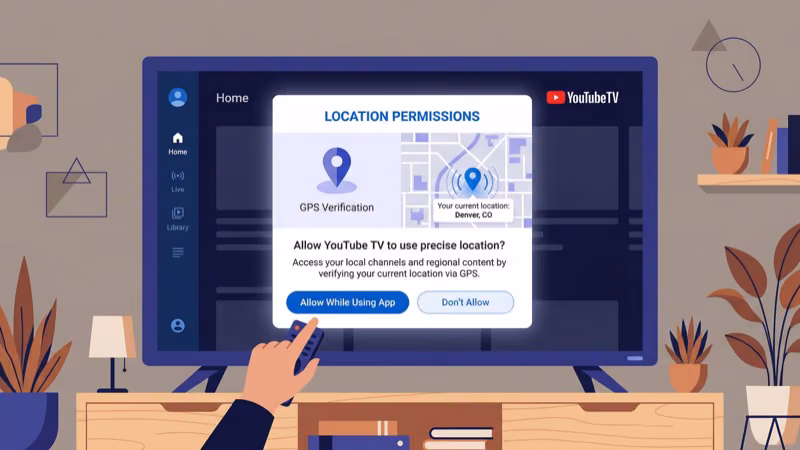 YouTube TV location permissions and home area settings screen