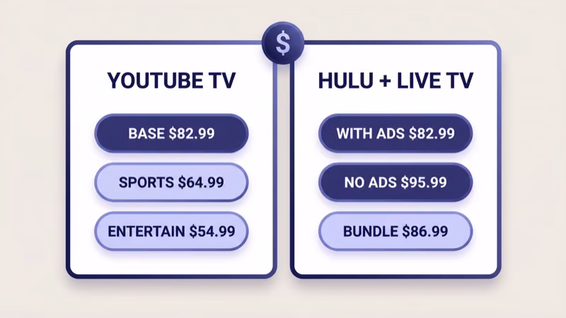 YouTube TV and Hulu plus Live TV pricing tiers compared across base sports entertainment and ad-free options