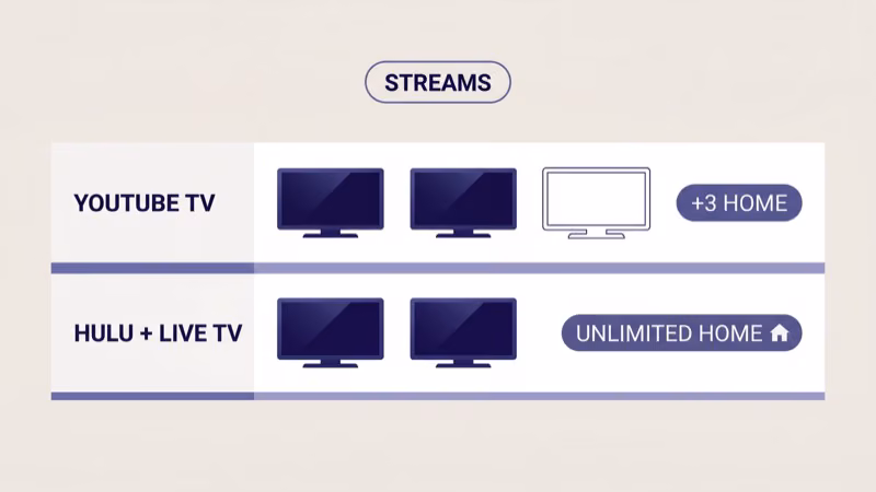 YouTube TV 3-stream cap versus Hulu plus Live TV unlimited home streams comparison